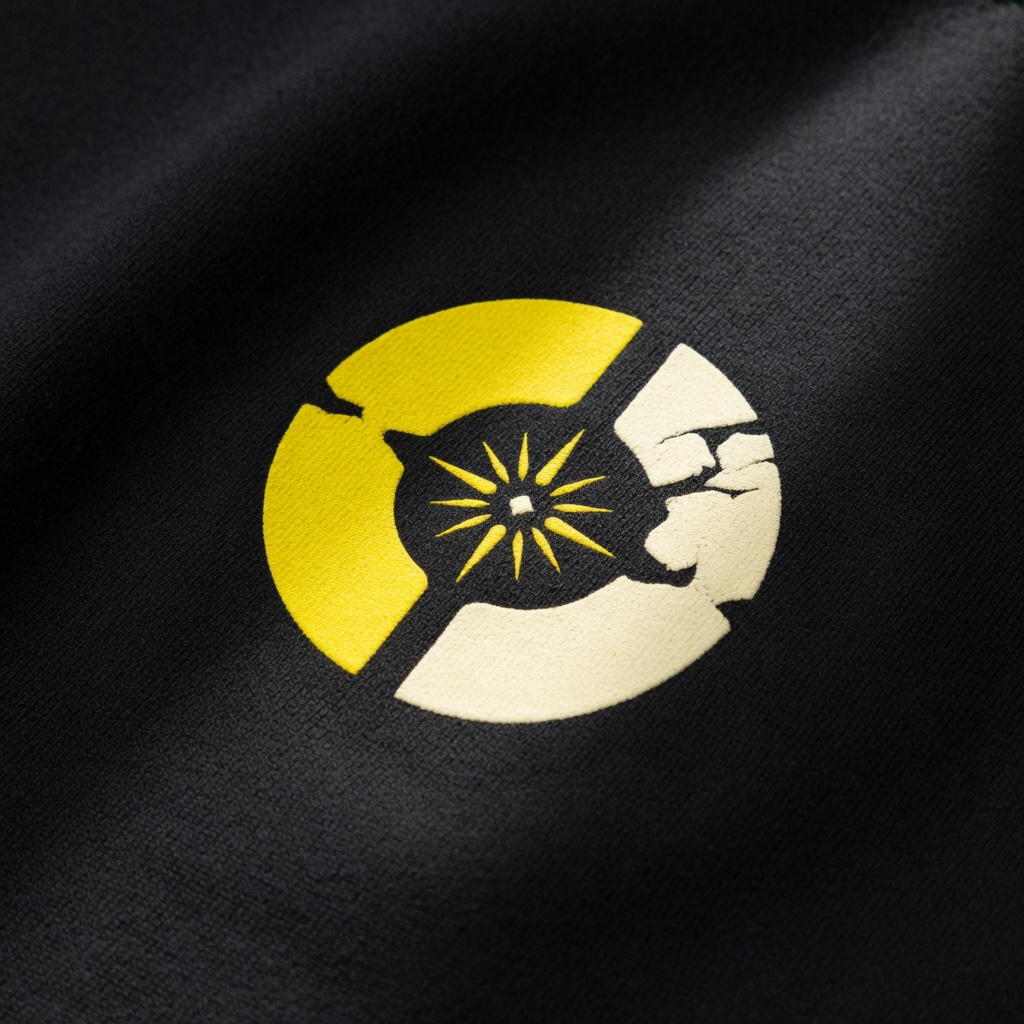 Détail d'une impression sérigraphiée jaune sur coton noir épais