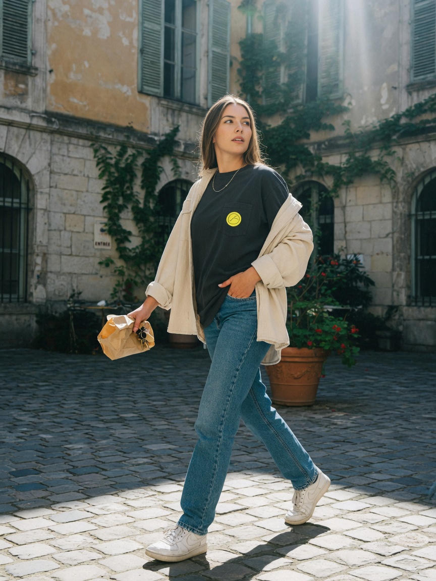 Look quotidien : petit emblème jaune, surchemise ouverte, jean et sneakers