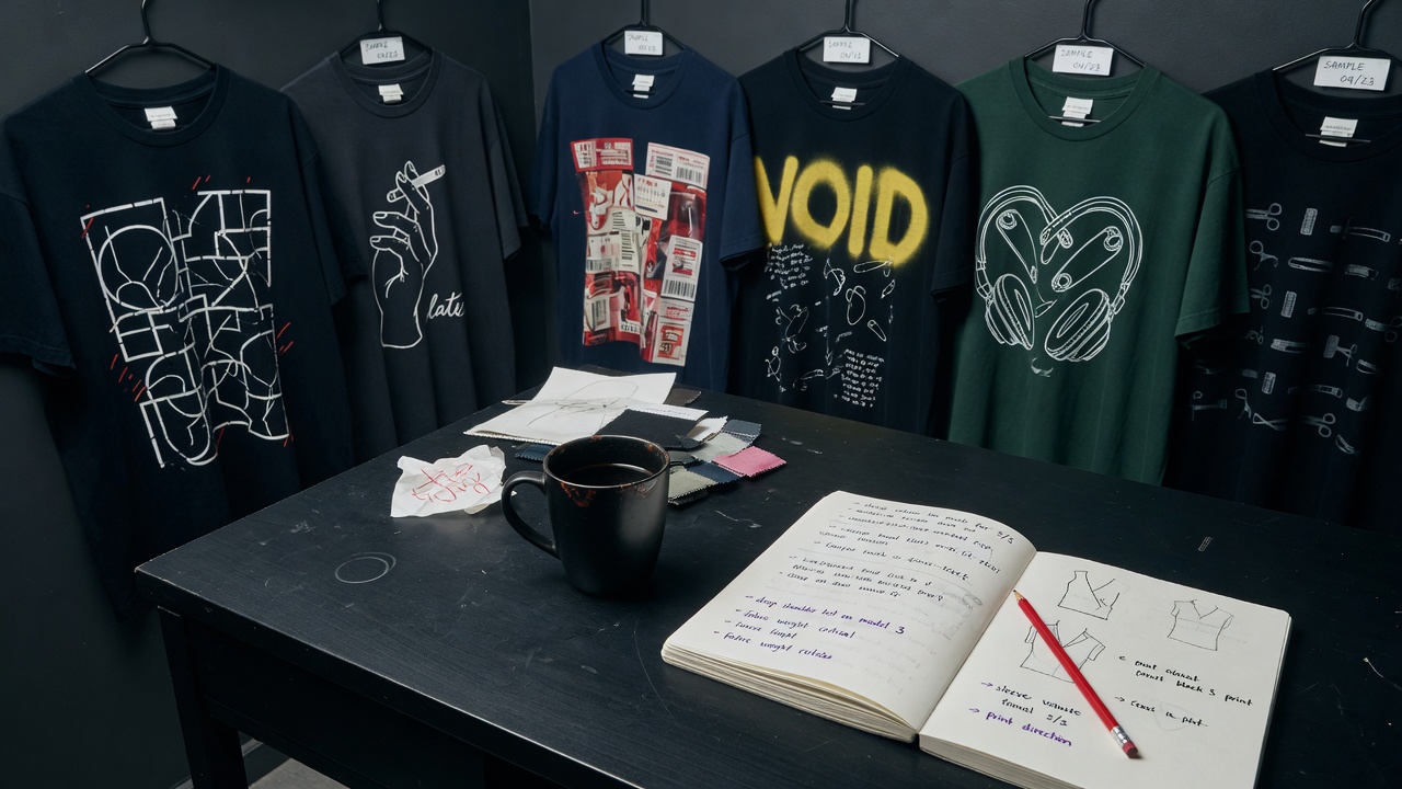 Bureau de rédaction avec t-shirts graphiques en échantillons