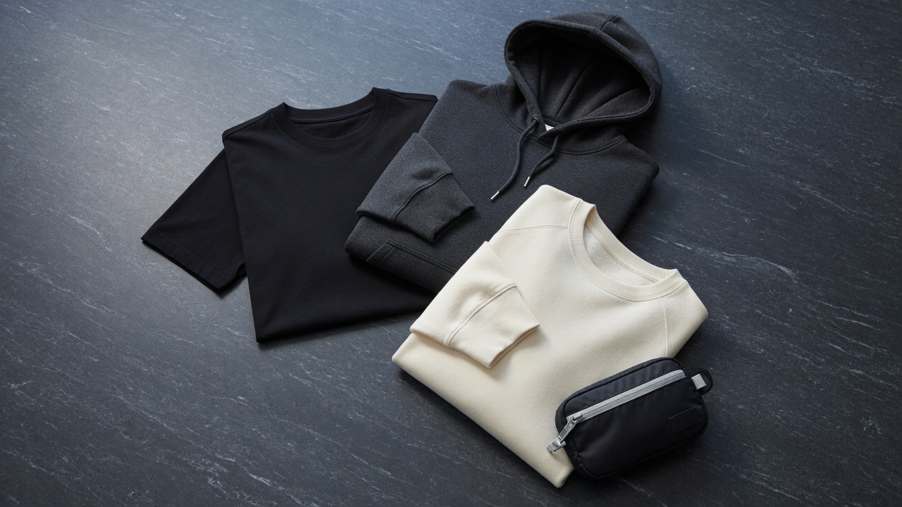 T-shirt, hoodie, sweat et accessoire posés en nature morte